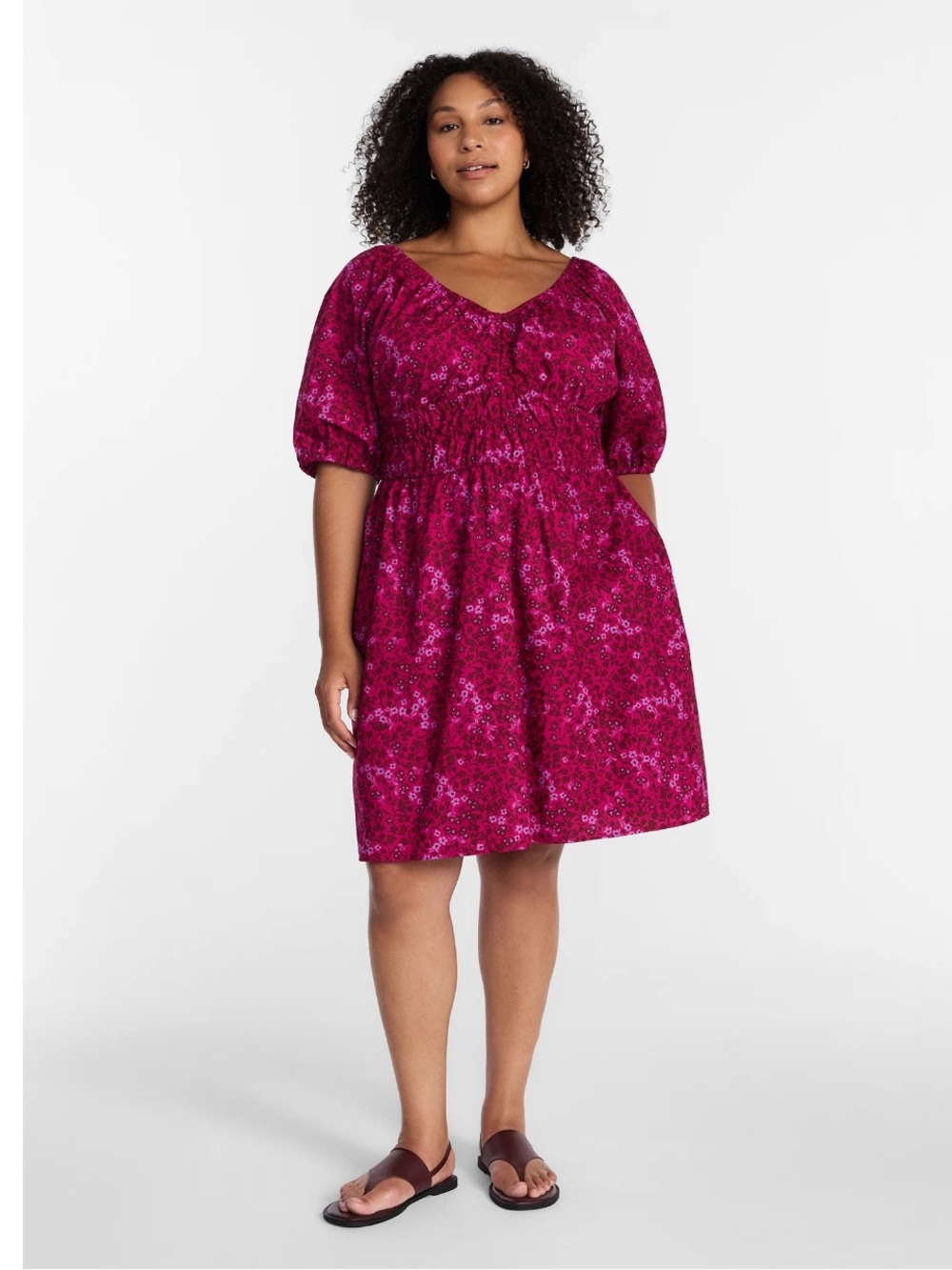 Terra and Sky Women's Plus Mini Cinched Waist Dress Floral Dark Azalea Size 0X